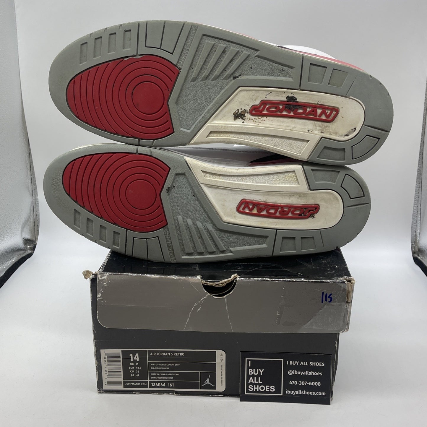Size 14 - Air Jordan 3 Retro 2007 Fire Red White Grey Leather (136064-161)