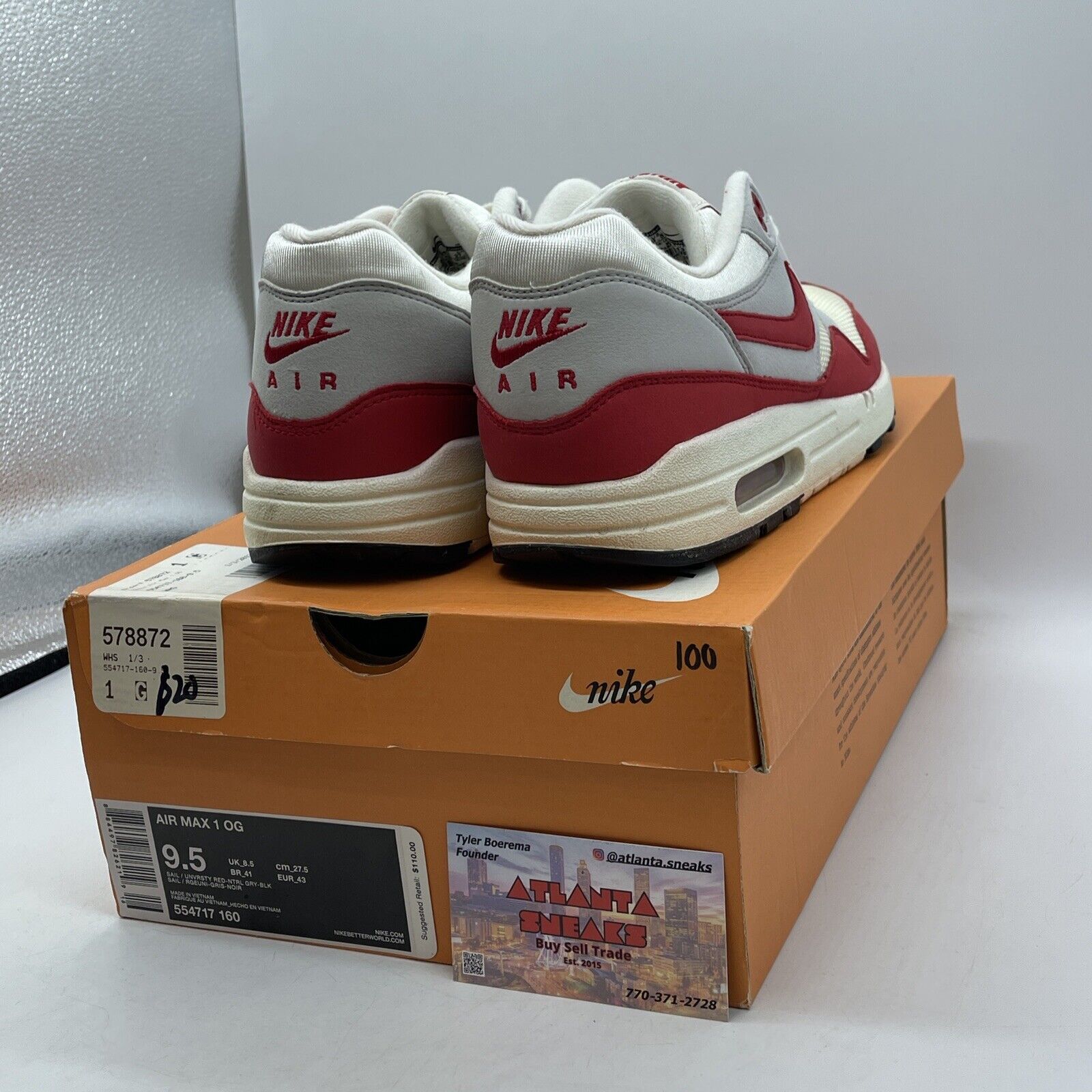 Size 9.5 - Nike Air Max 1 OG Vintage Red Grey White Suede (554717-160)