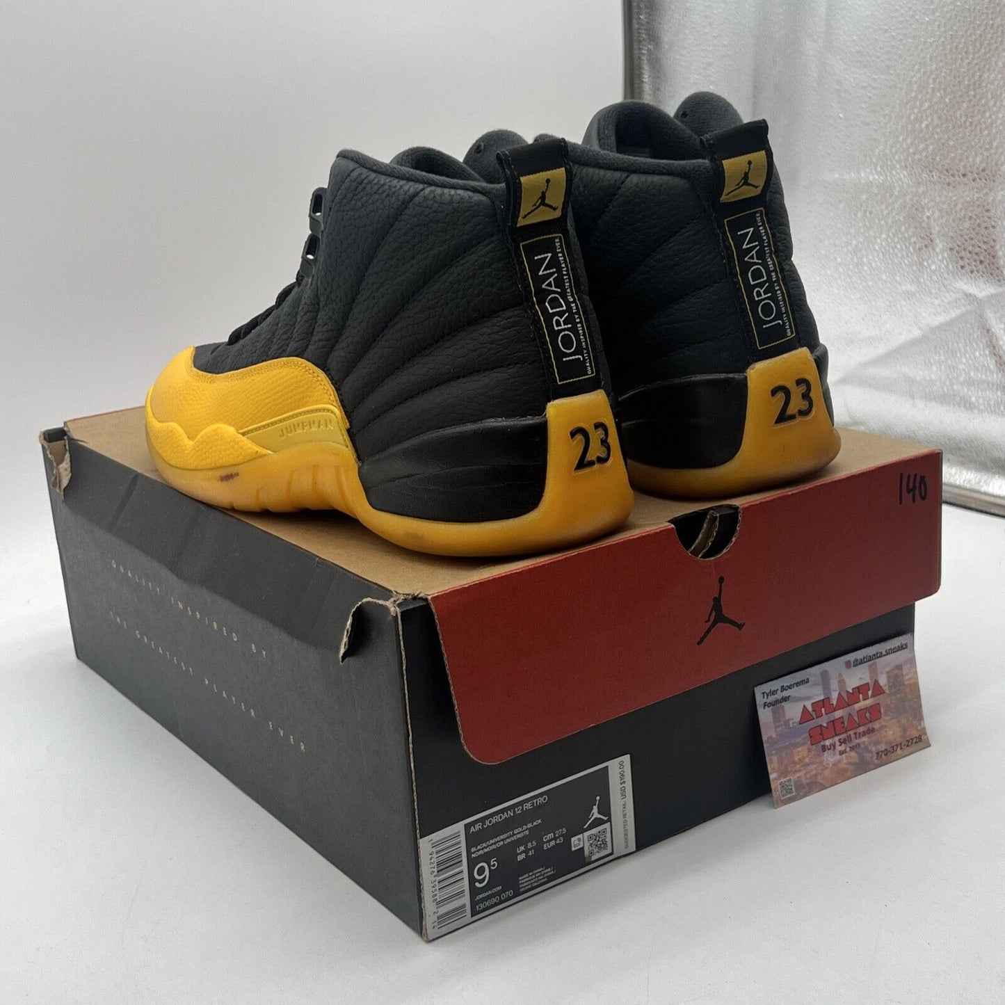 Size 9.5 - Jordan 12 Retro University Gold 2020 Black Leather (130690-070)