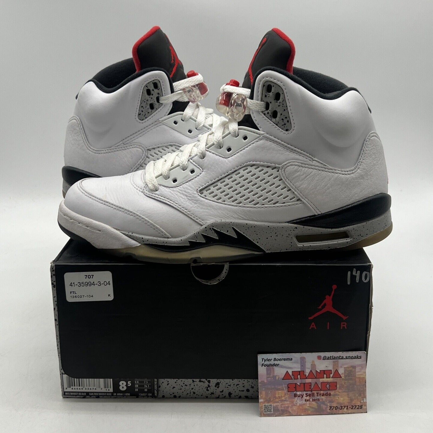 Size 8.5 - Air Jordan 5 Retro White Cement Black Grey Red Leather (136027-104)