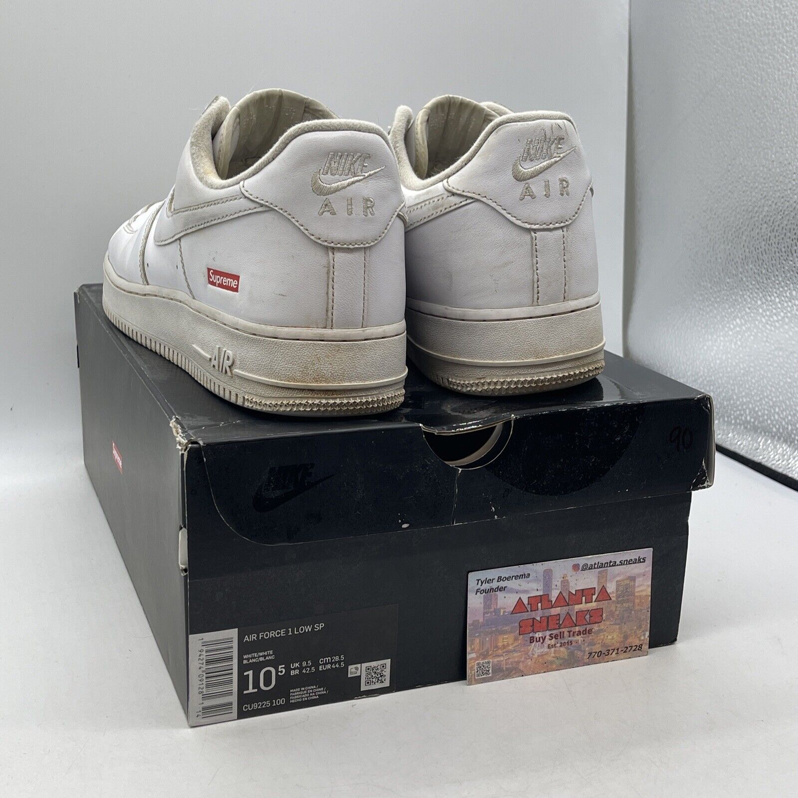 Size 10.5 - Nike Air Force 1 x Supreme Low Box Logo - White Leather (CU9225-100)