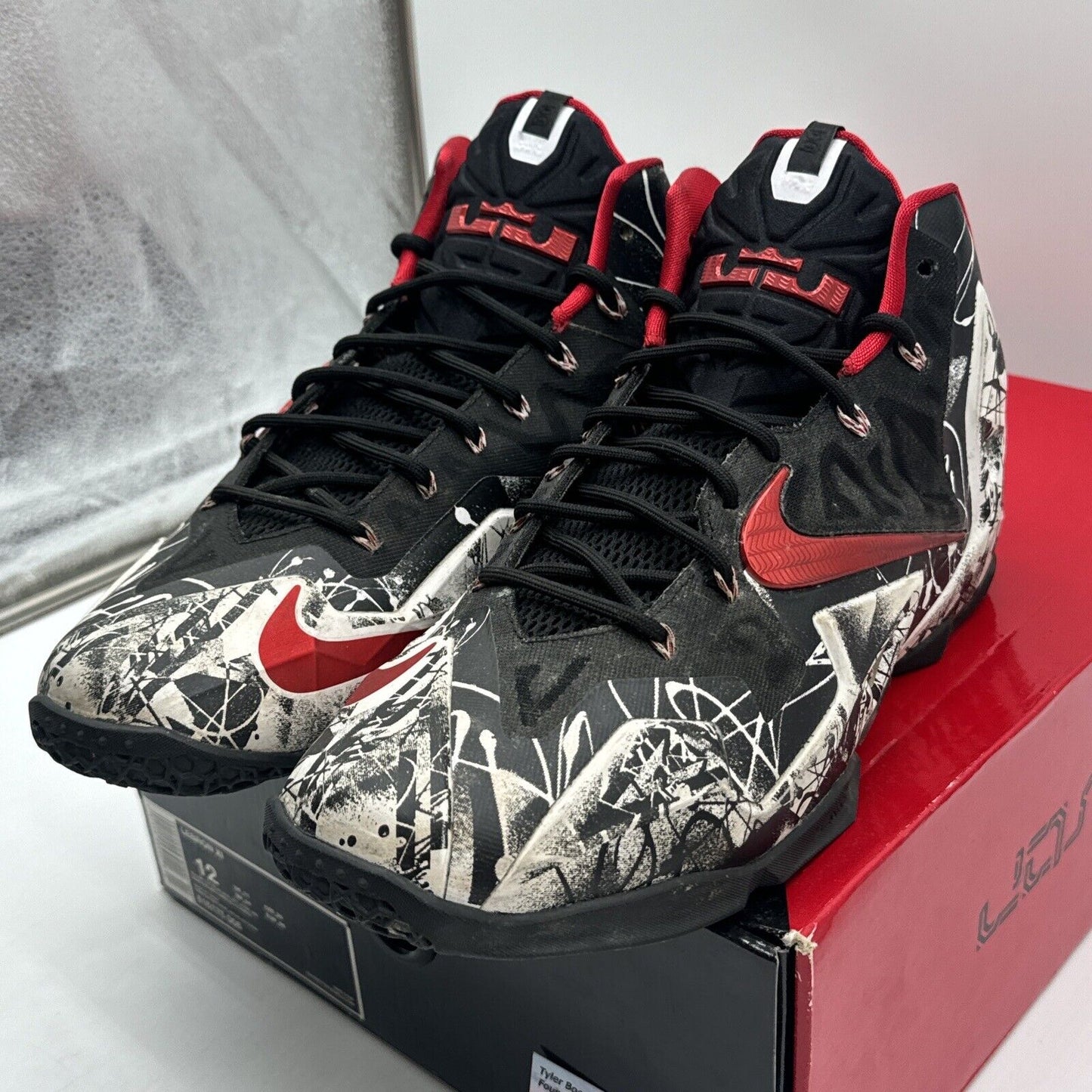 Size 12 - Nike LeBron 11 Graffiti 2014 Red Black White Retro Bred Basketball Sho