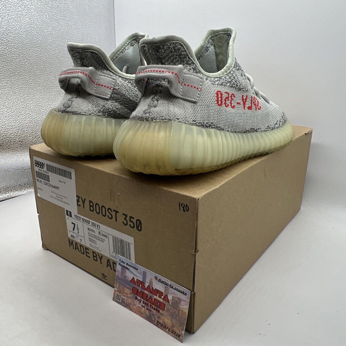 Size 7.5 - adidas Yeezy Boost 350 V2 Low Blue Tint Grey Red (B37571)