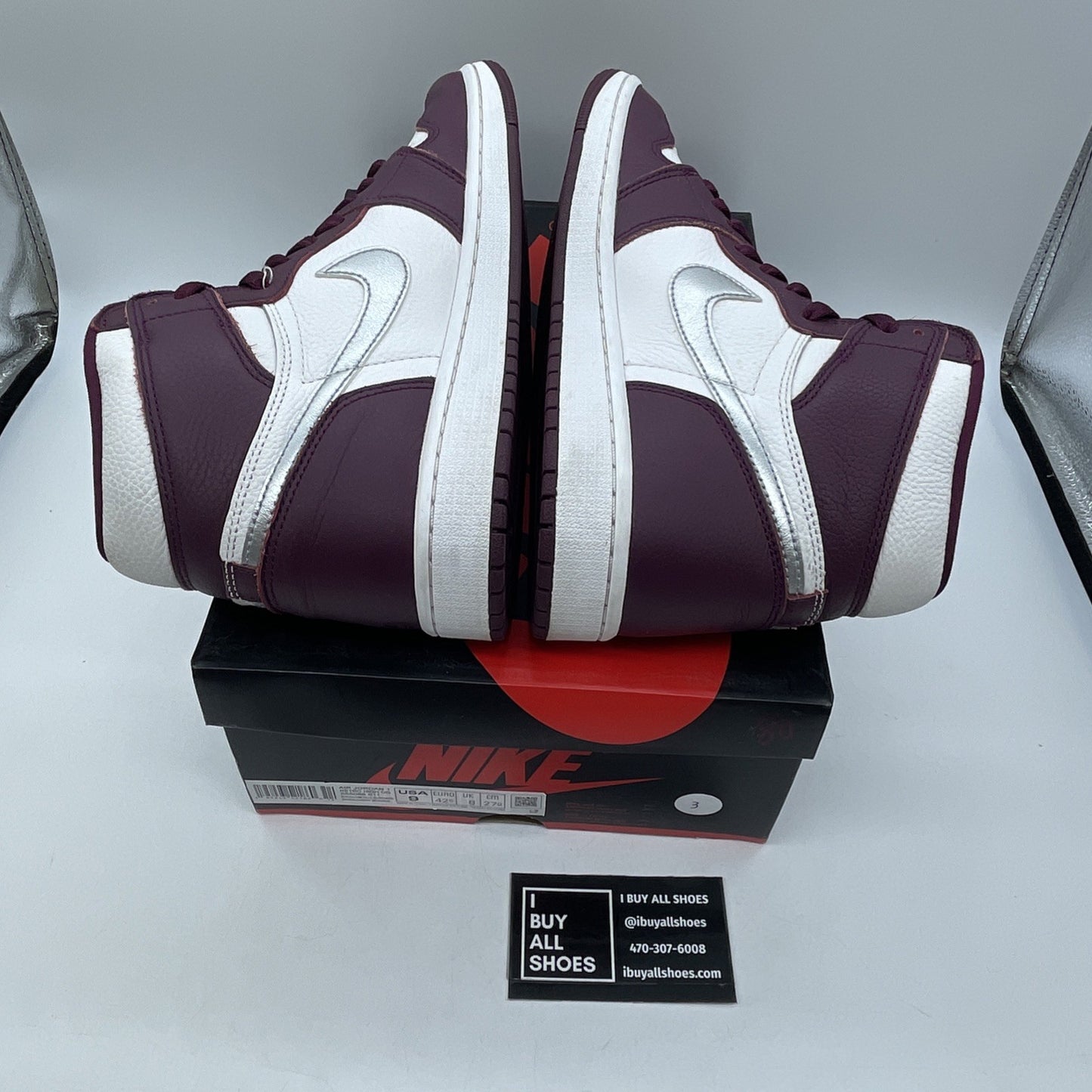 Size 9 - Jordan 1 Retro High OG Bordeaux Silver White Leather (555088-611)