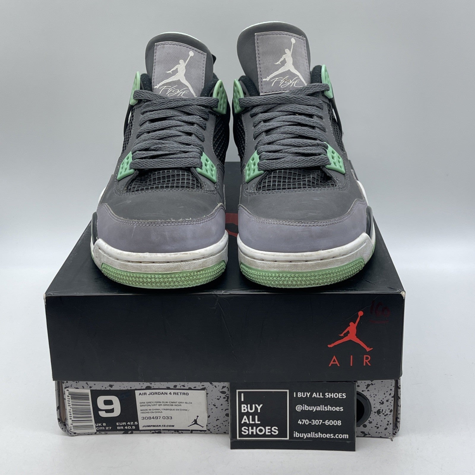Size 9 - Jordan 4 Retro Green Glow Grey White Black Suede (308497-033)