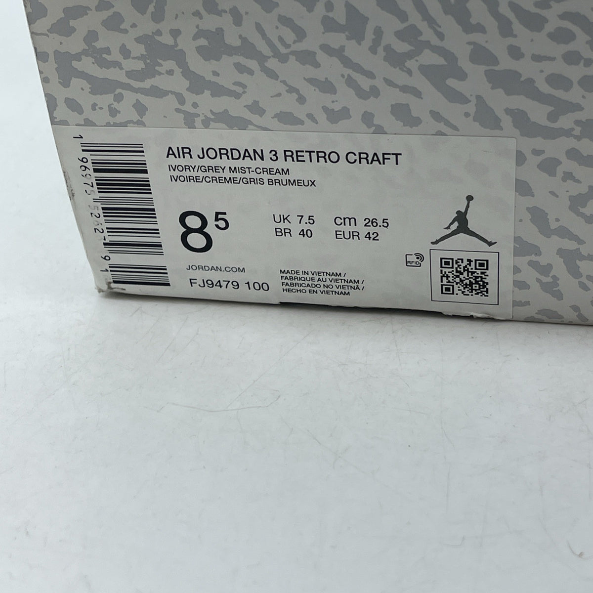 Size 8.5 - Air Jordan 3 Retro Craft Ivory Grey White Leather (FJ9579-100)