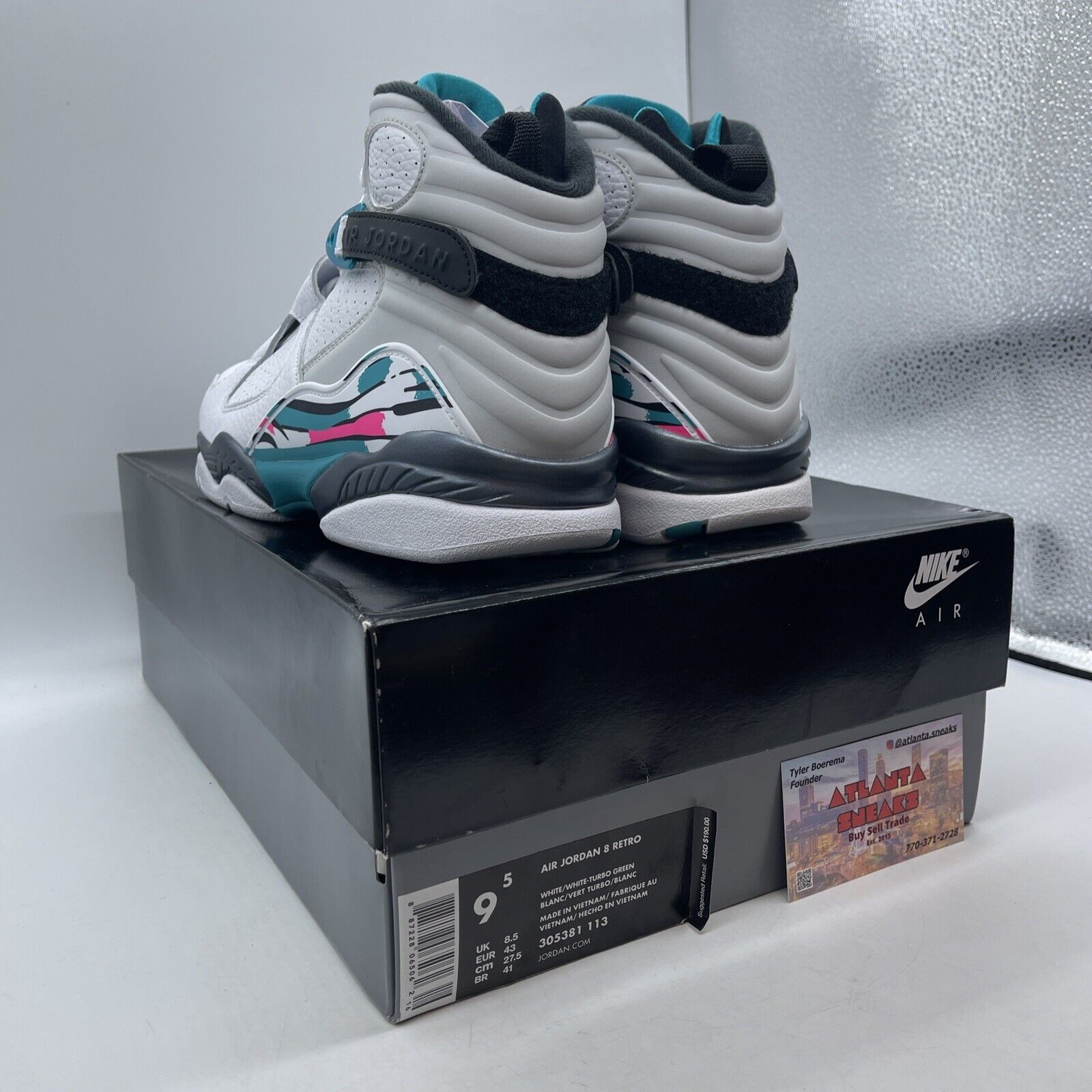 Size 9.5 - Air Jordan 8 Retro South Beach White Black Blue Leather (305381-113)