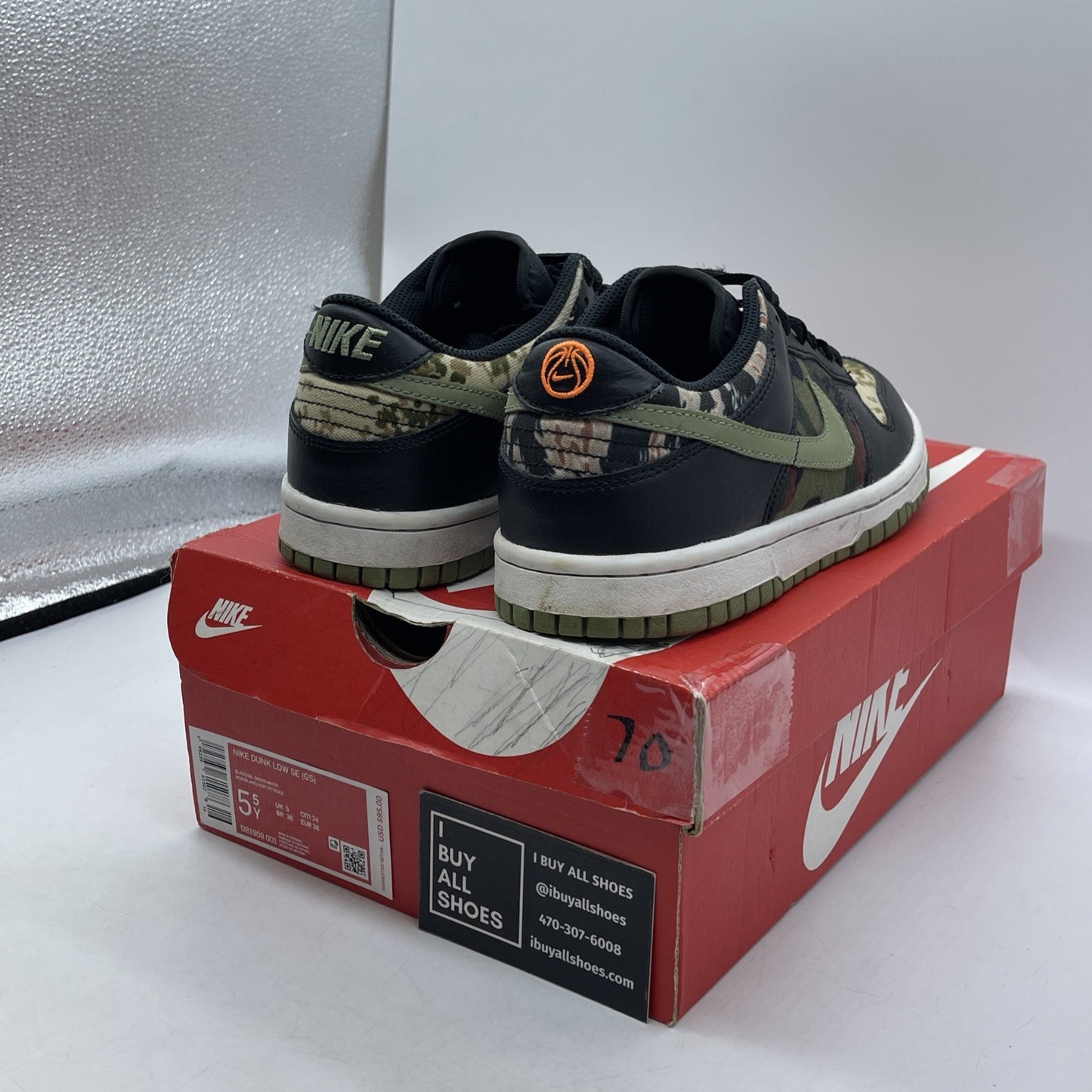 Size 5.5Y - Nike Dunk SE Low Black Multi-Camo Black Green Suede (DB1909-001)
