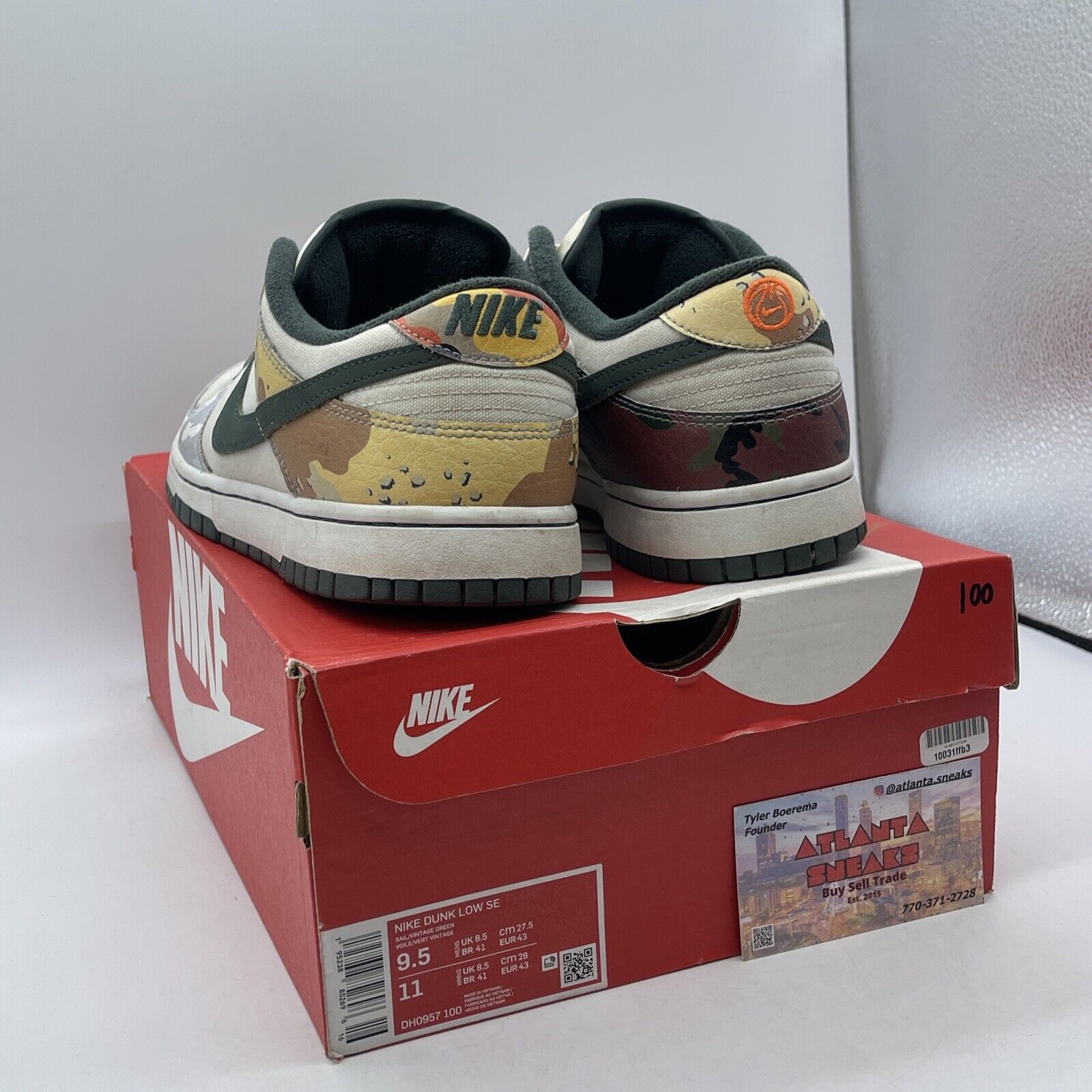 Size 9.5 - Nike Dunk SE Low Sail Multi-Camo GreenLeather Suede (DH0957-100)