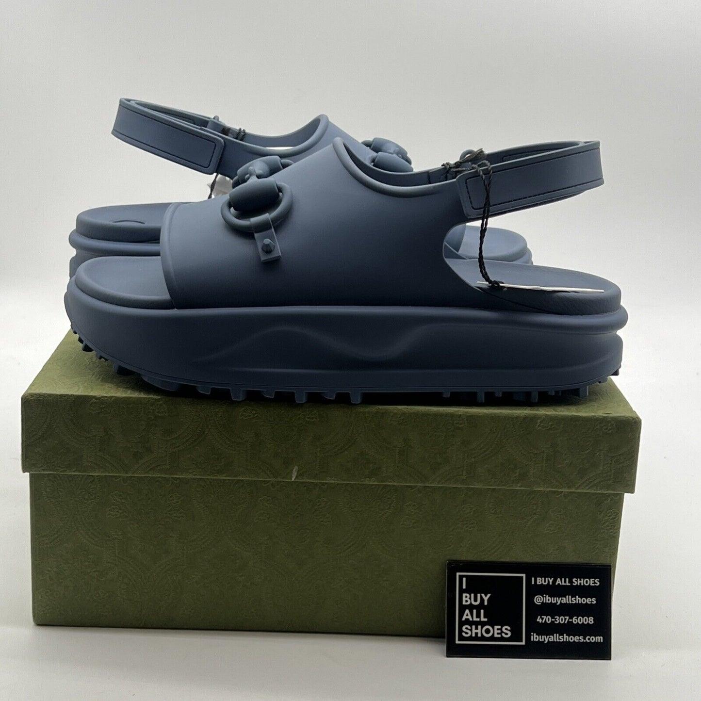 Size 11.5 - New Gucci Horsebit Platform Slide Sandals Blue Rubber