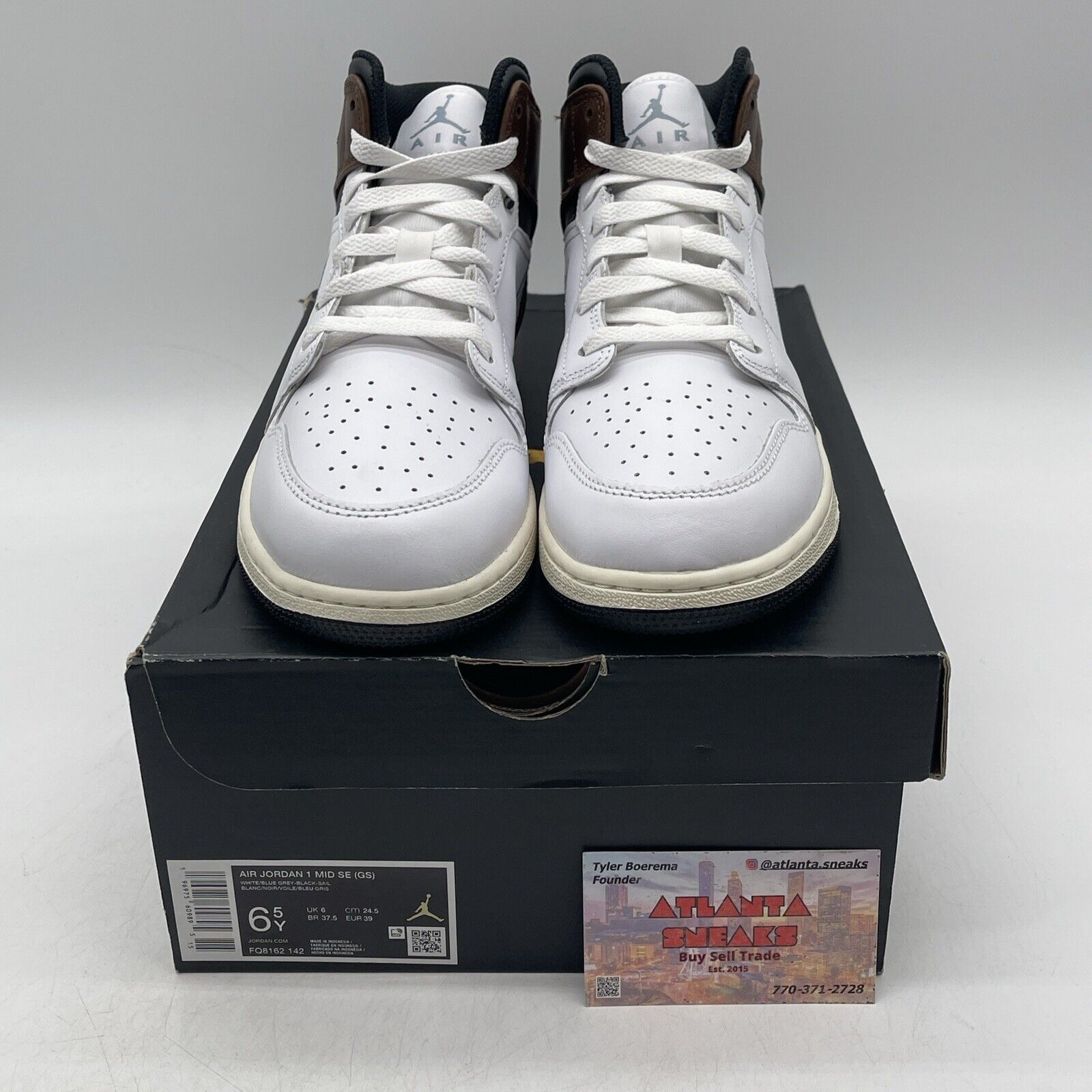 Size 6.5Y - AIR JORDAN 1 MID SE_WHITE/BLUE GREY BLACK Leather  (FQ8162-142)