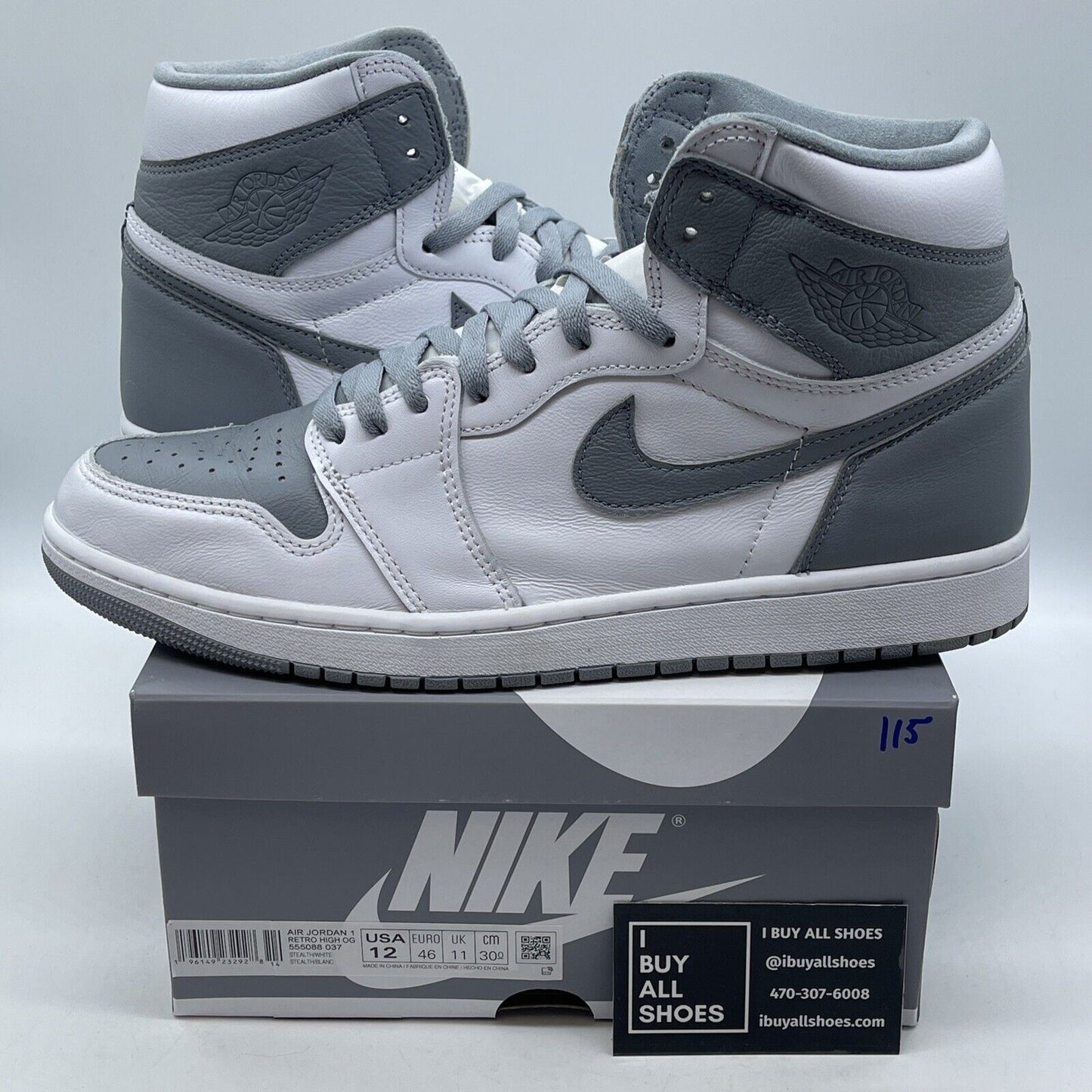 Size 12 - Jordan 1 Retro High OG Stealth White Grey Leather (555088-037)