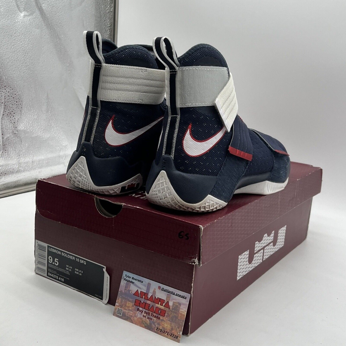 Size 9.5 - Nike LeBron Soldier 10 Navy Red White (844378-416)