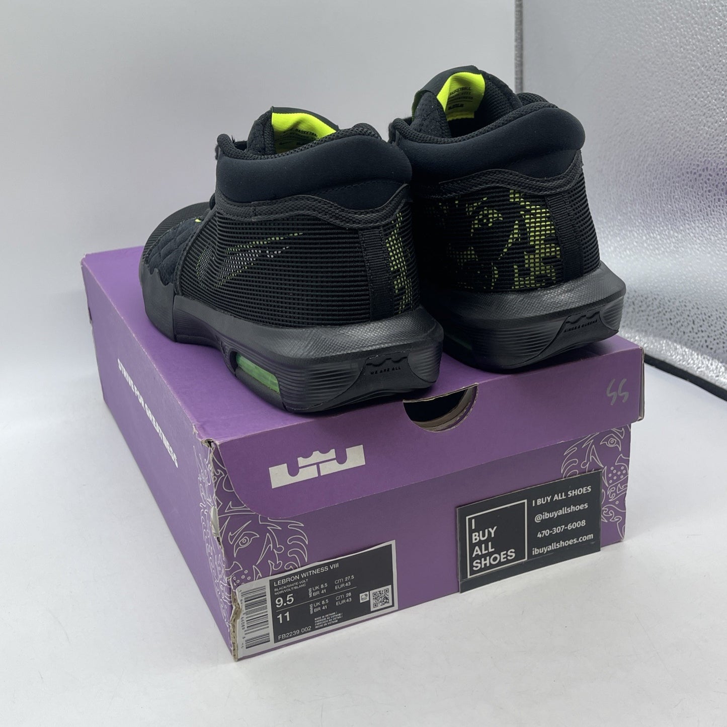 Size 9.5 - Nike LeBron Witness 8 Black Volt Suede Leather (FB2239-002)