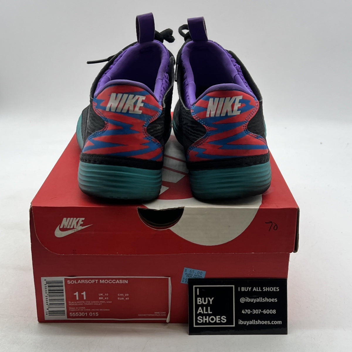 Size 11 - Nike Solarsoft Moccasin Black Turbo Green Purple (555301-015)