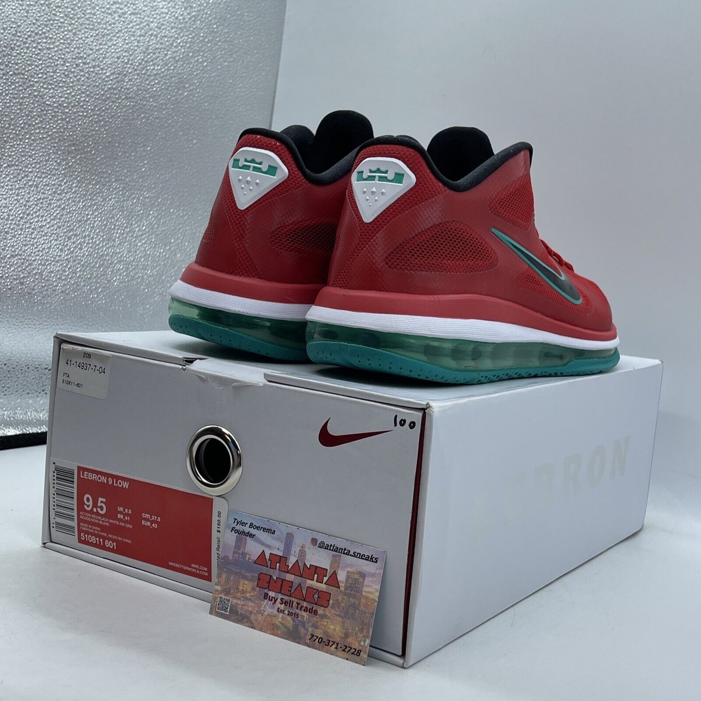 Size 9.5 - Nike LeBron 9 Low Liverpool red Green White Black (510811-601)