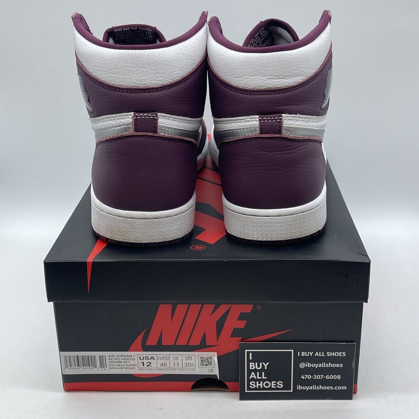 Size 12 - Jordan 1 Retro High OG Bordeaux Burgundy White Leather (555088-611)