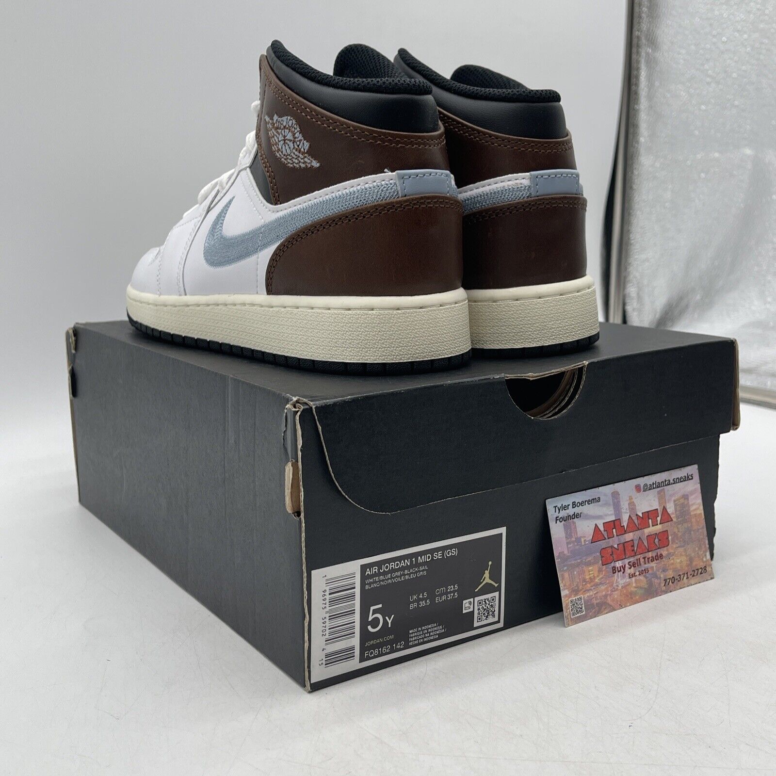 Size 5Y - AIR JORDAN 1 MID SE_WHITE/BLUE GREY BLACK Leather  (FQ8162-142)