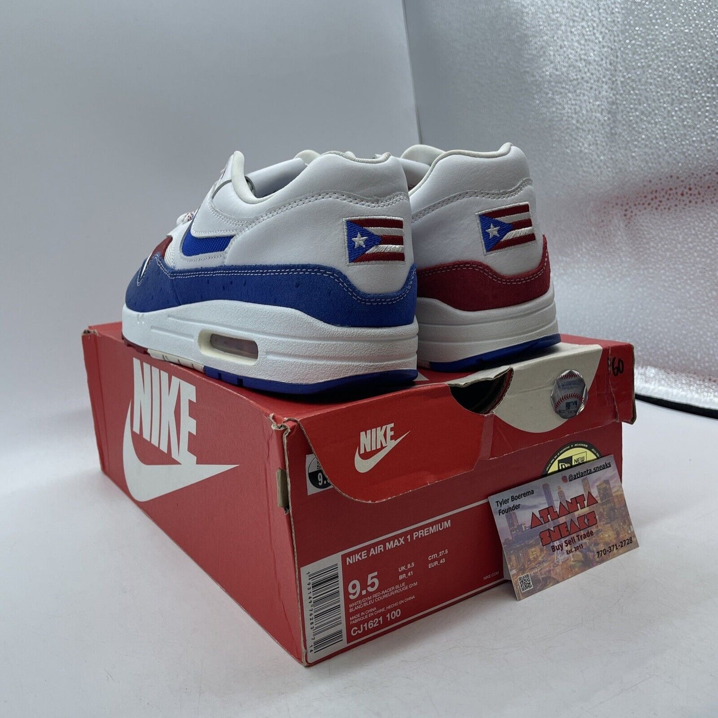 Size 9.5 - Nike Air Max 1 Premium Puerto Rico White Red Blue (CJ1621-100)