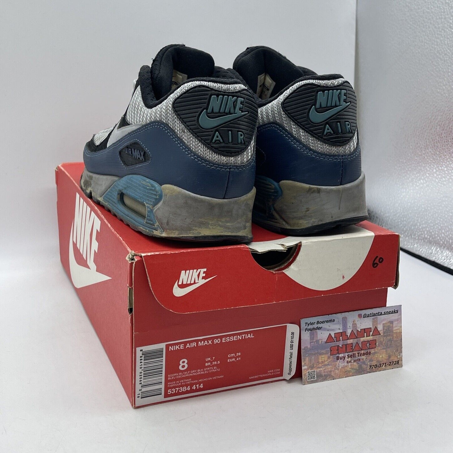 Size 8 - Nike Air Max 90 Essential Blue Grey Black Suede Leather (537384-414)