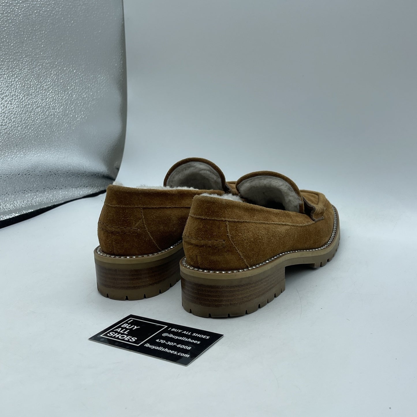 Size 38 - JIMMY CHOO Deanna Shearling lined suede lug sole moc toe loafers