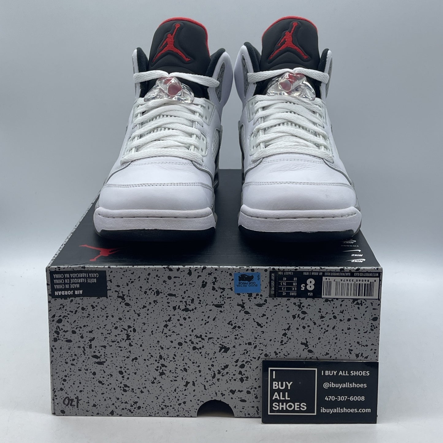 Size 8.5 - Air Jordan 5 Retro White Cement Grey red Black Leather (136027-104)