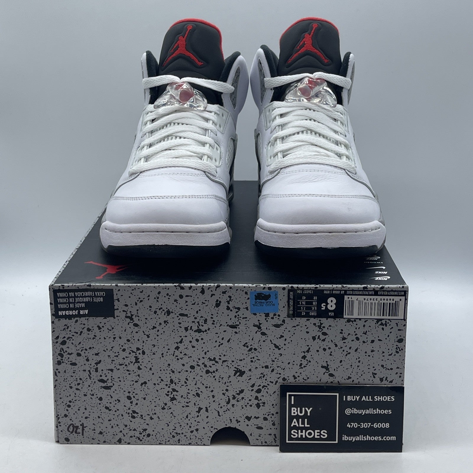 Size 8.5 - Air Jordan 5 Retro White Cement Grey red Black Leather (136027-104)
