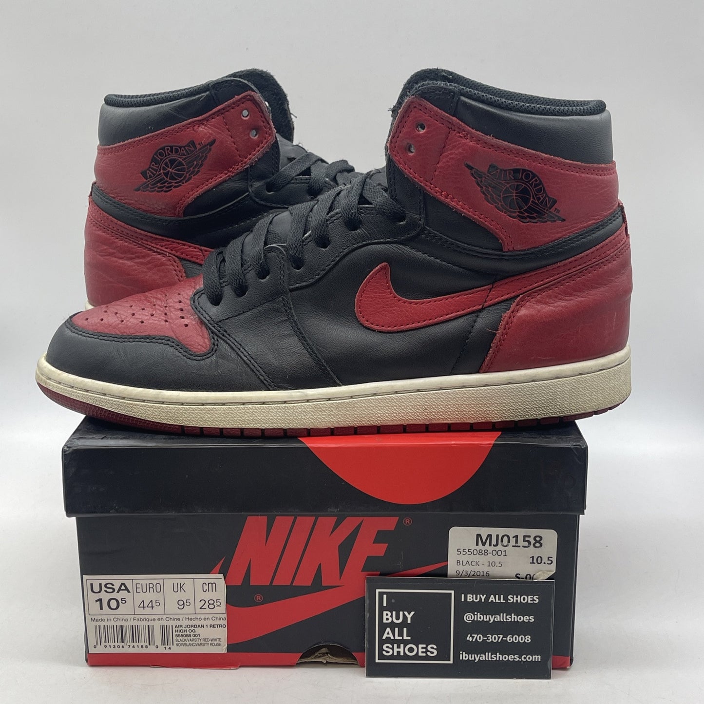 Size 10.5 - Jordan 1 Retro OG High Banned, Bred Black Red leather (555088-001)