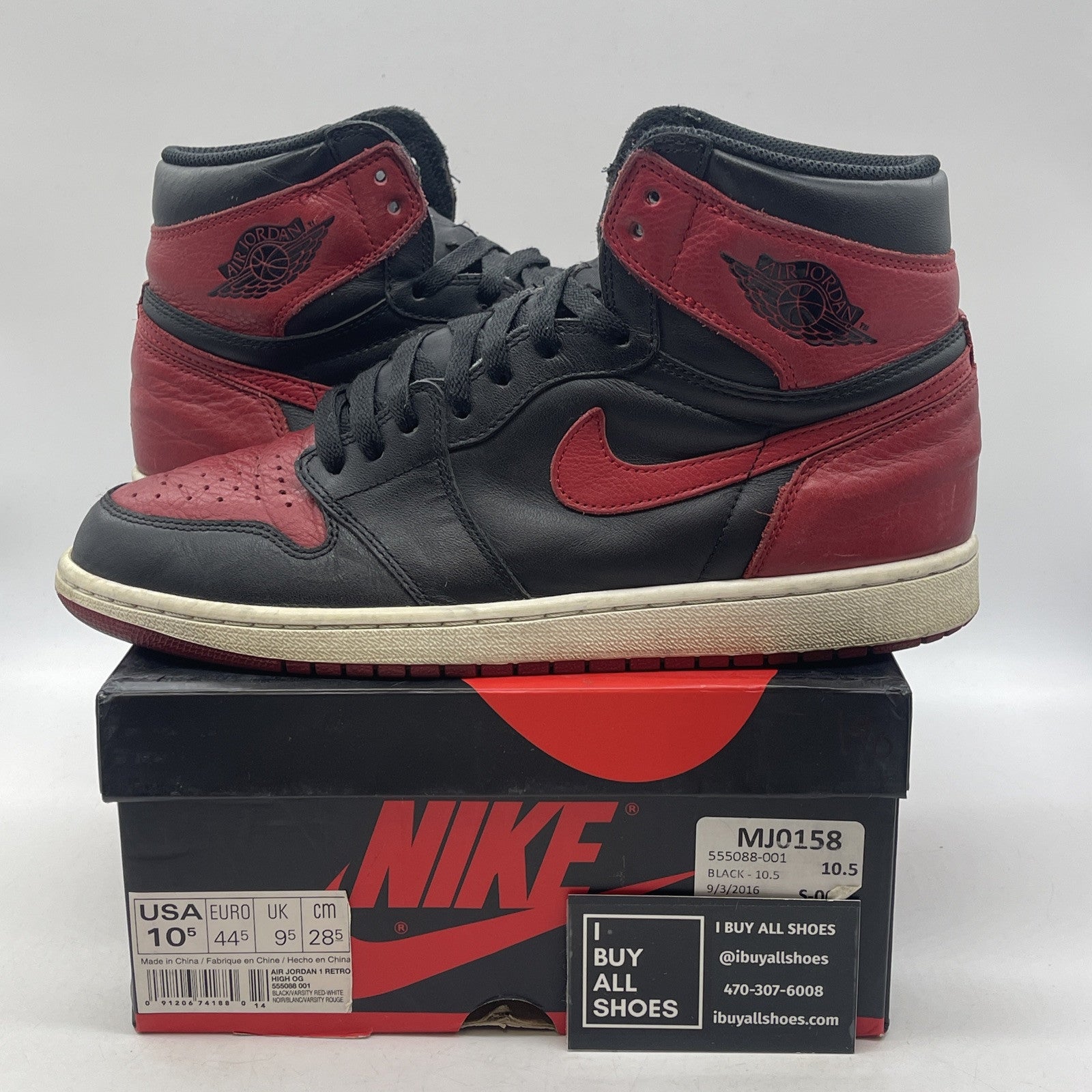 Size 10.5 - Jordan 1 Retro OG High Banned, Bred Black Red leather (555088-001)