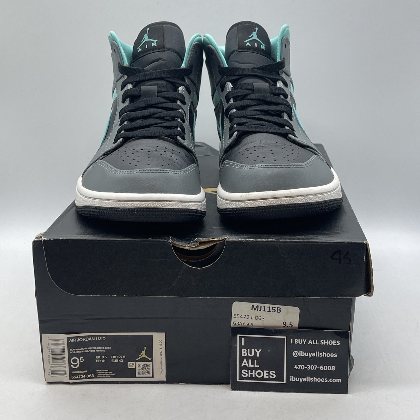Size 9.5 - Air Jordan 1 Mid Grey Aqua Black Leather (554724-063)