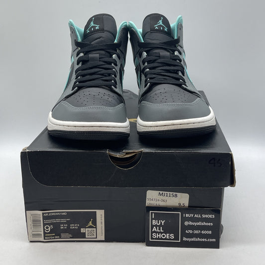 Size 9.5 - Air Jordan 1 Mid Grey Aqua Black Leather (554724-063)