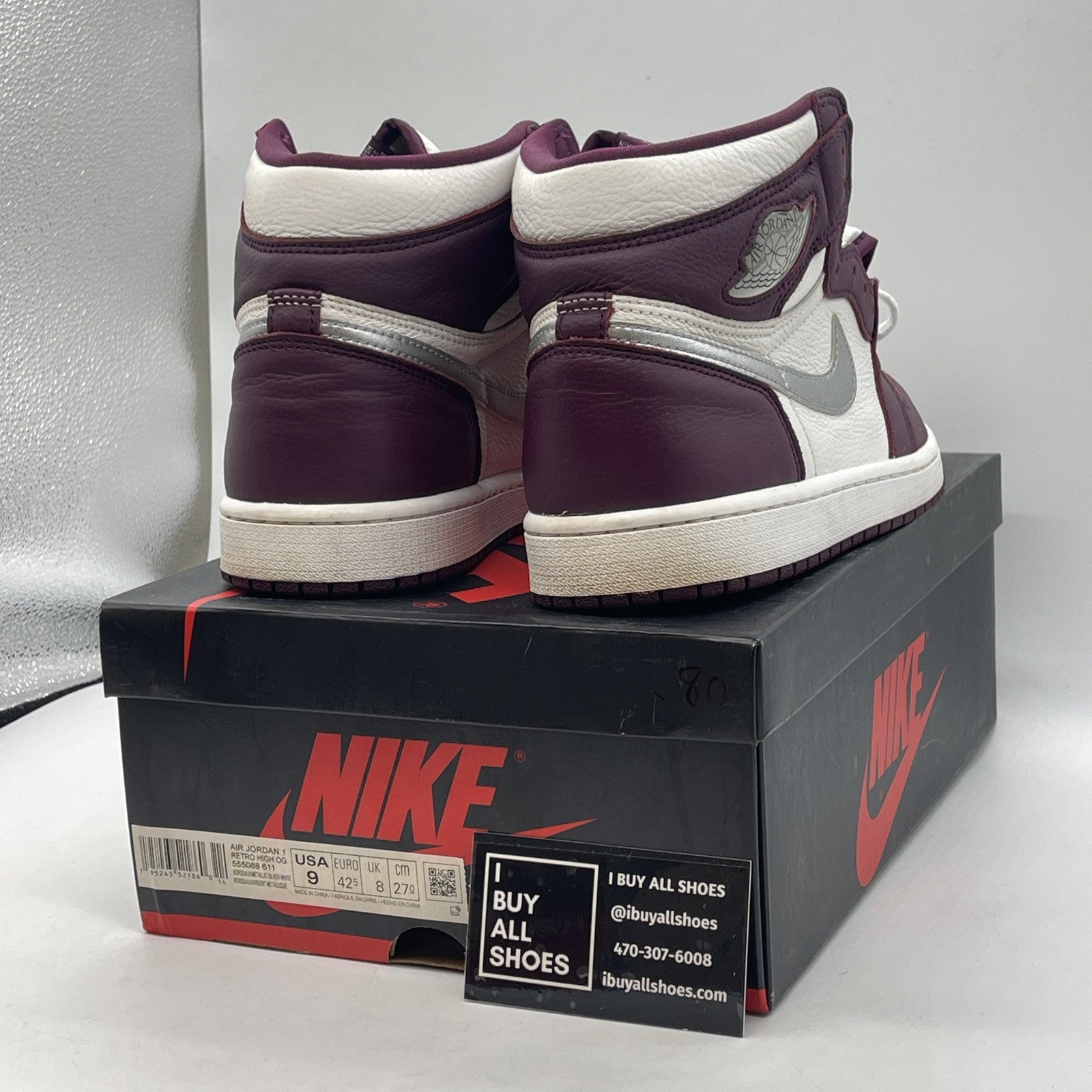 Size 9 - Jordan 1 Retro High OG Bordeaux Purple White Leather (555088-611)