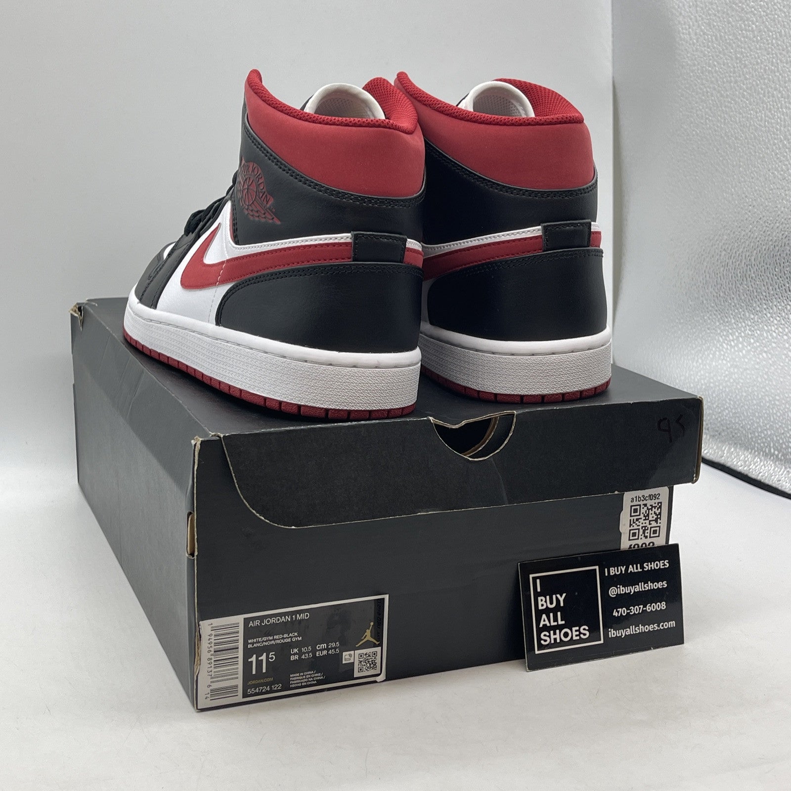 Size 11.5 - Air Jordan 1 Mid Black Gym Red White Black Leather (554724-122)