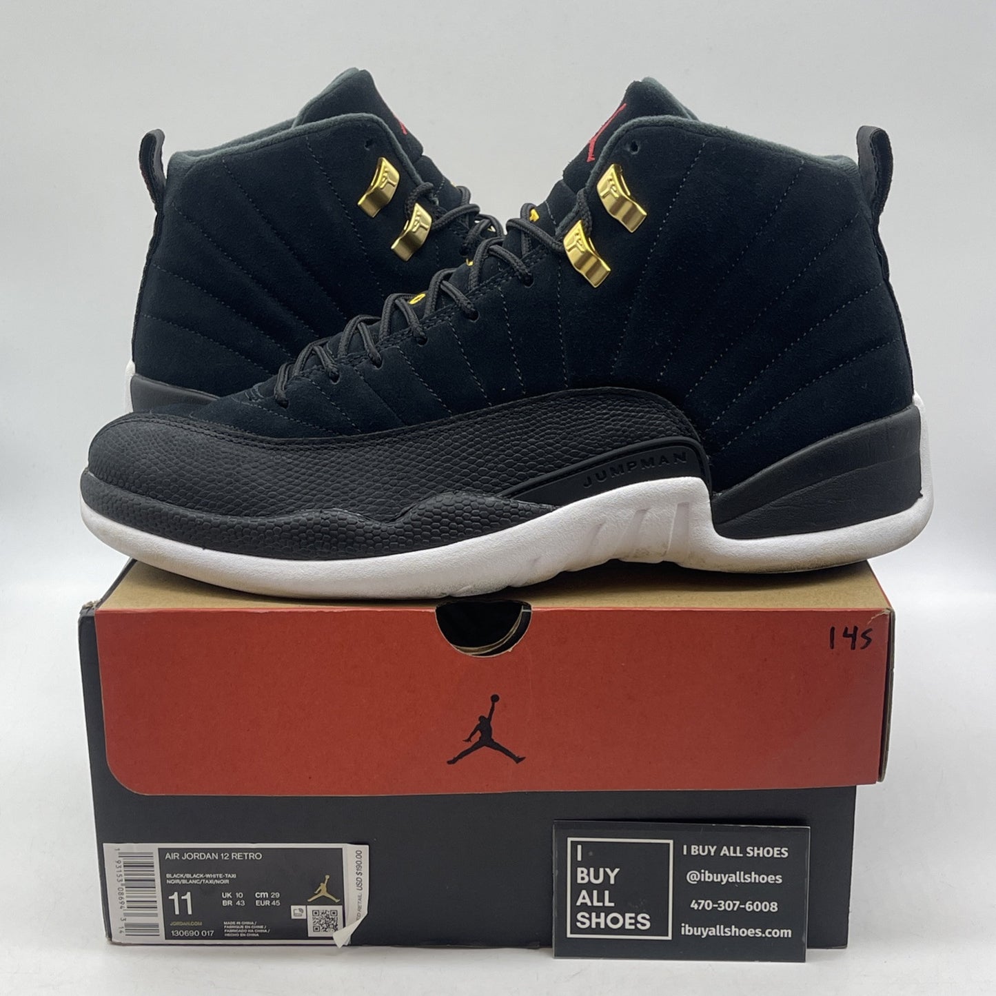 Size 11 - Air Jordan 12 Retro Reverse Taxi Black Suede Leather (130690-017)