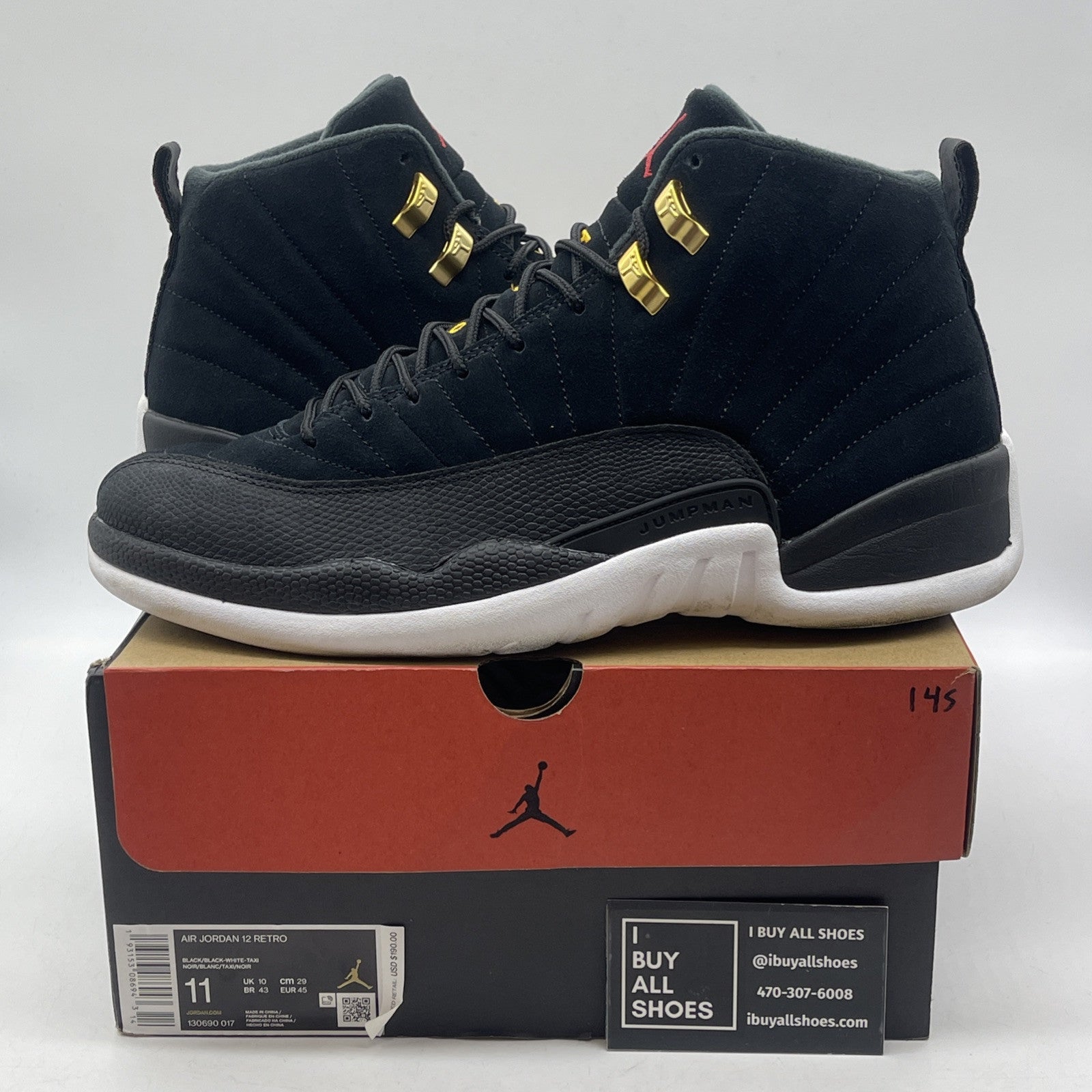 Size 11 - Air Jordan 12 Retro Reverse Taxi Black Suede Leather (130690-017)