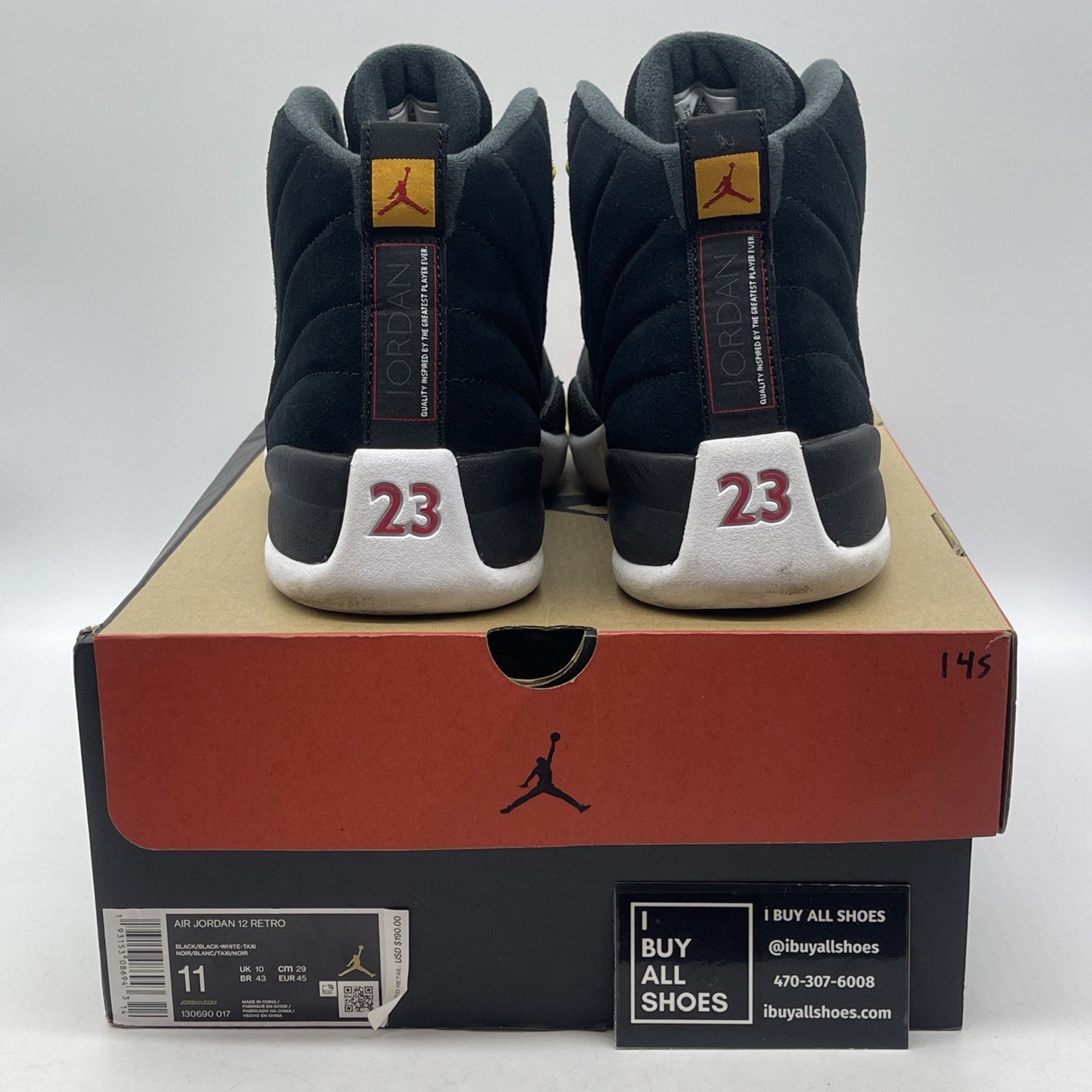 Size 11 - Air Jordan 12 Retro Reverse Taxi Black Suede Leather (130690-017)