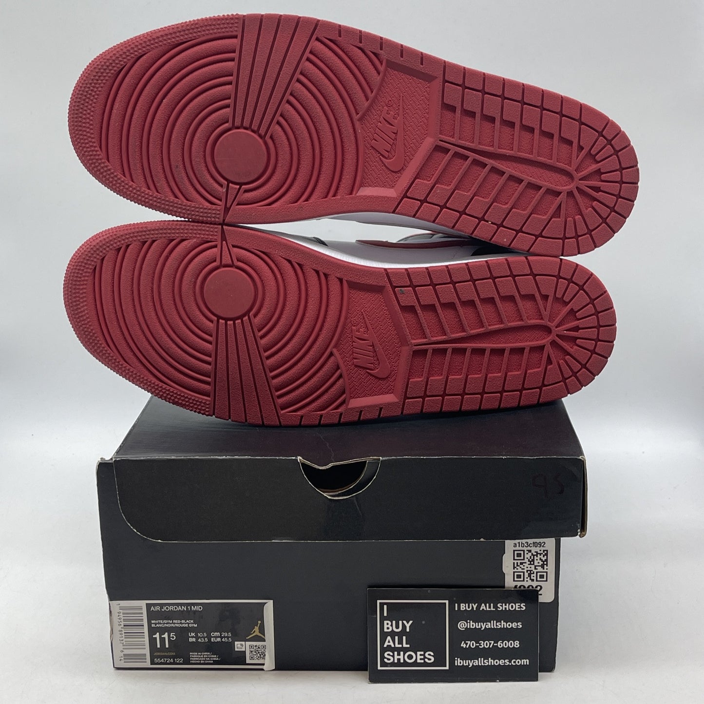 Size 11.5 - Air Jordan 1 Mid Black Gym Red White Black Leather (554724-122)