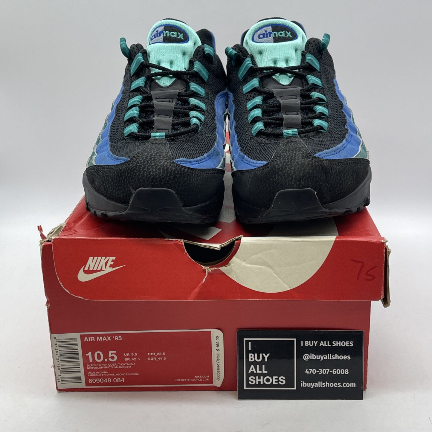 Size 10.5 - Nike Air Max 95 Black Hyper Cobalt Blue Grey Suede (609048-084)