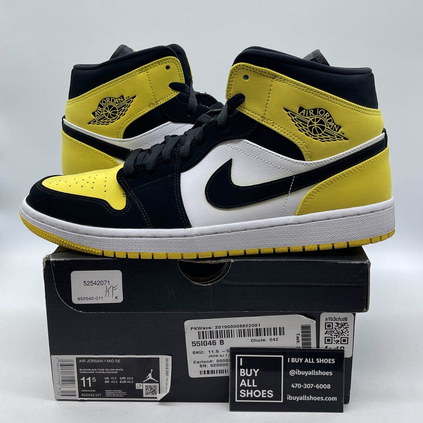 Size 11.5 - Air Jordan 1 SE Mid Yellow Toe Black White Suede (852542-071)