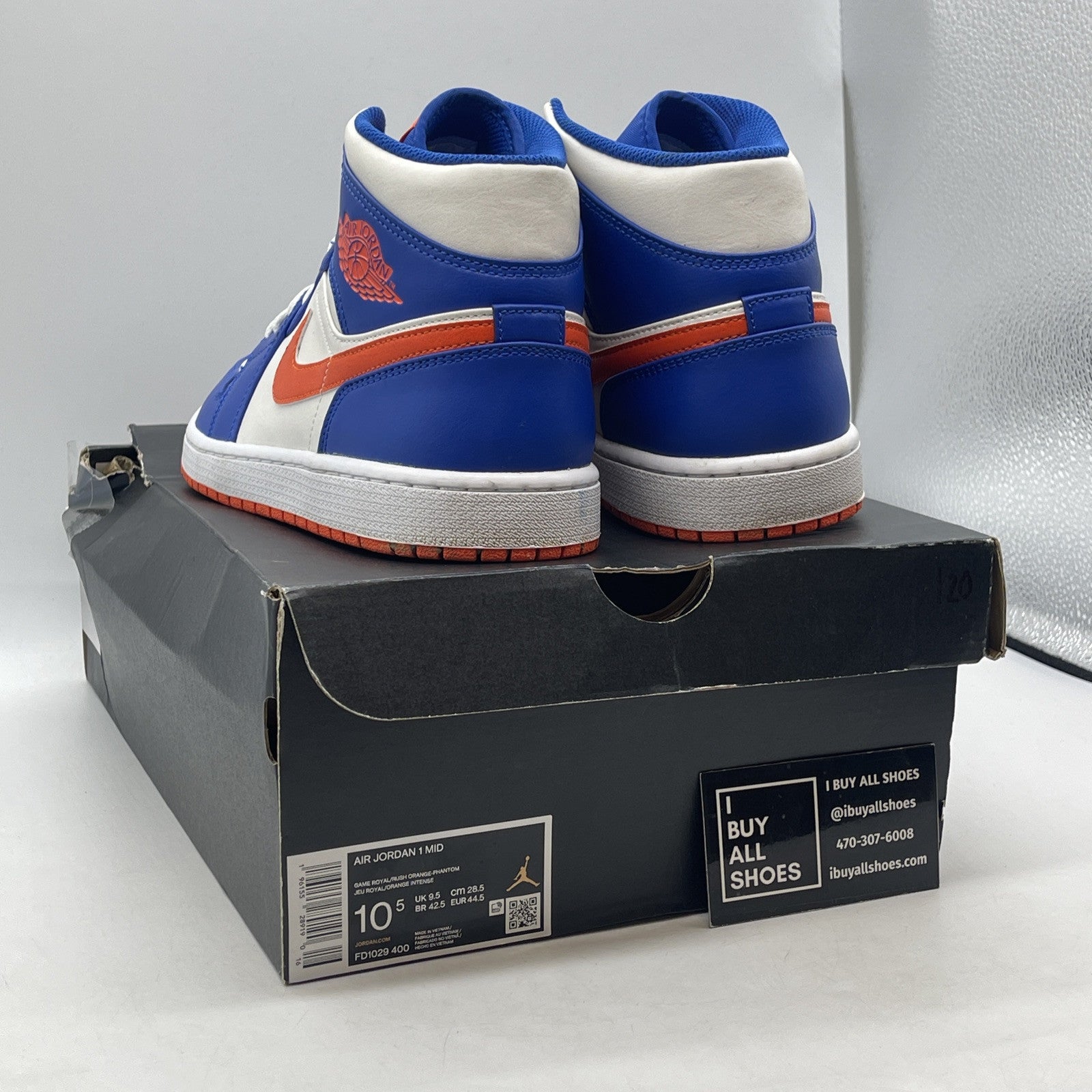 Size 10.5 - Jordan 1 Mid Knicks 2023 Blue White Orange Leather (FD1029-400)
