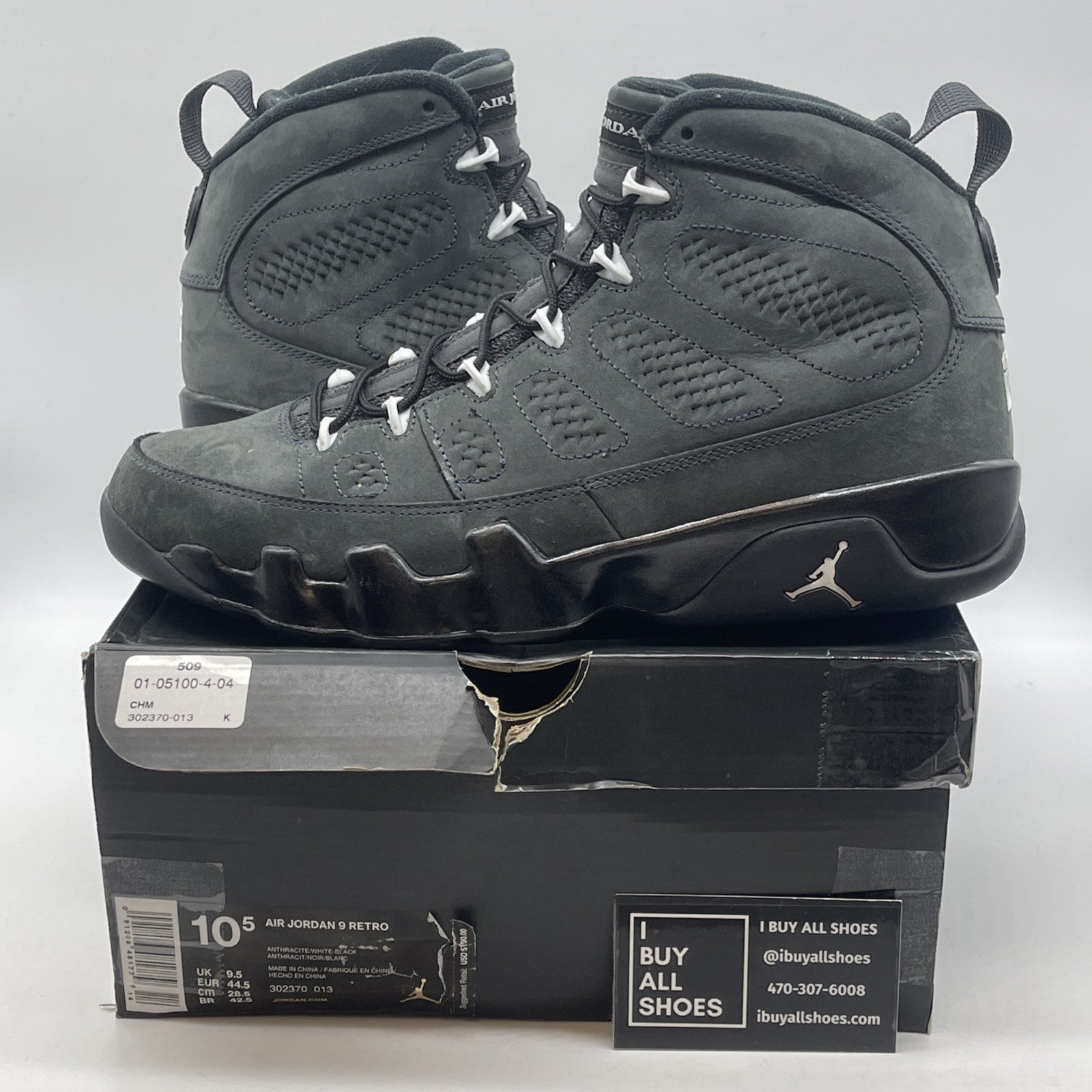 Size 10.5 - Air Jordan 9 Retro Anthracite Grey White Black Suede (302370-013)