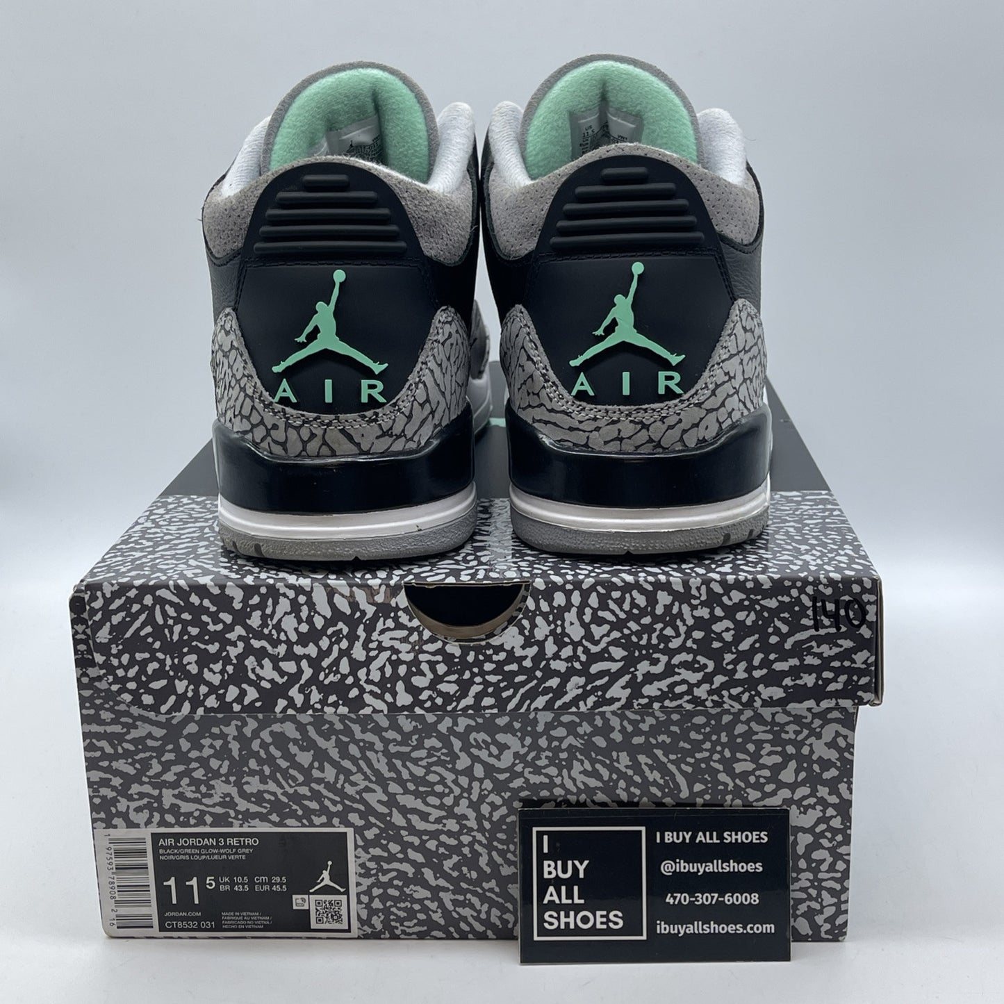 Size 11.5 - Air Jordan 3 Retro Green Glow Grey Suede Leather (CT8532-031)