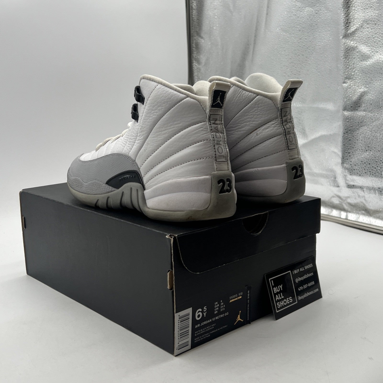 Size 6.5Y - Nike Air Jordan 12 Retro Wolf Grey White Black Leather (510815-108)