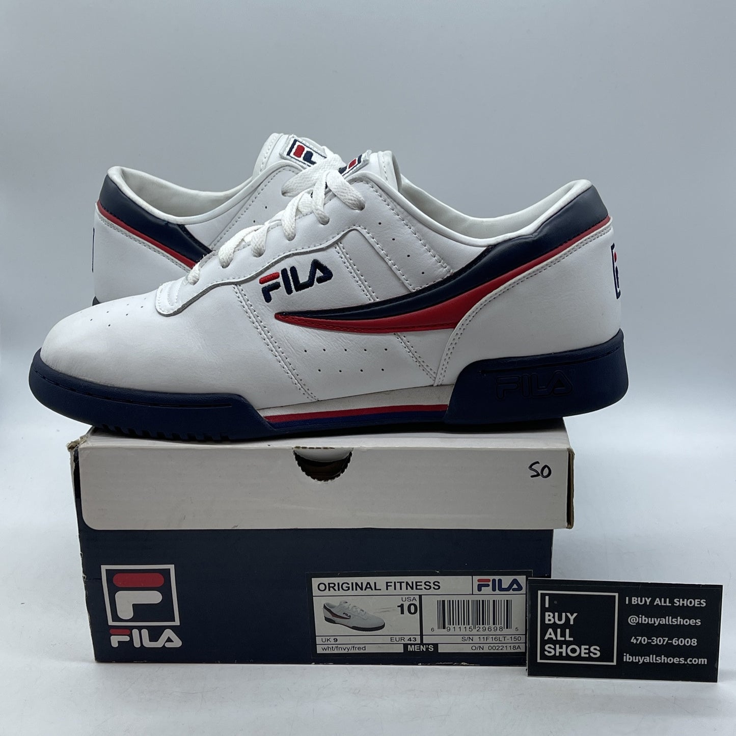 Size 10 - FILA Men's Original Fitness White Blue Red Leather (11F16LT-150)