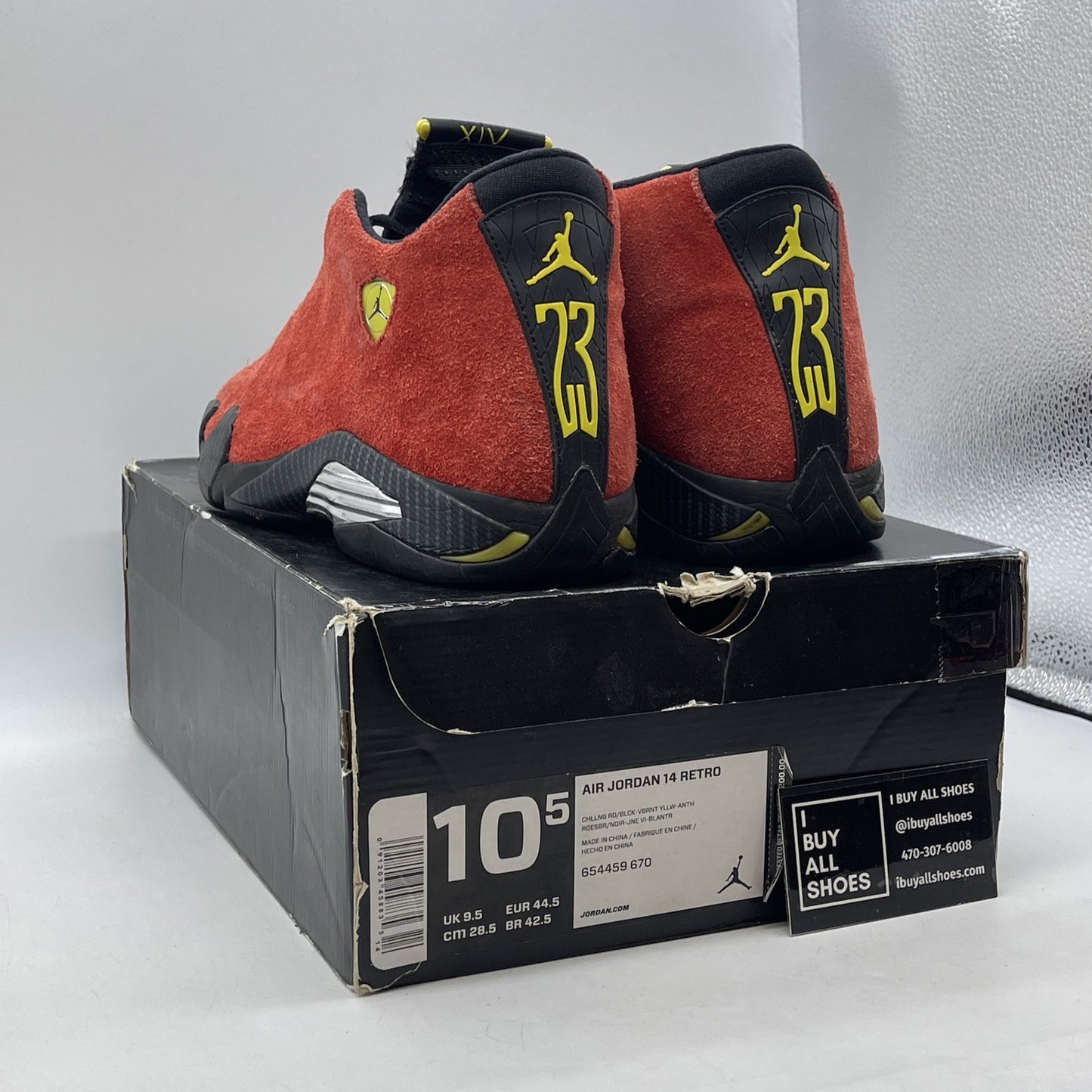 Size 10.5 - Air Jordan 14 Retro Ferrari Red Black Silver Suede (654459-670)