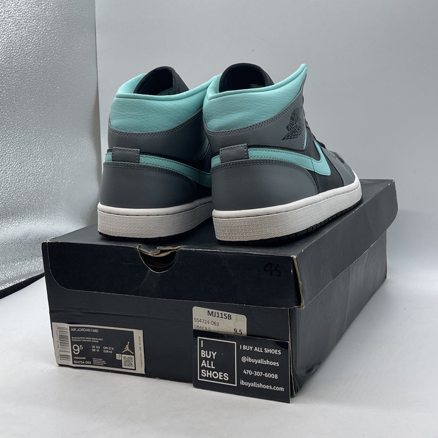 Size 9.5 - Air Jordan 1 Mid Grey Aqua Black Leather (554724-063)