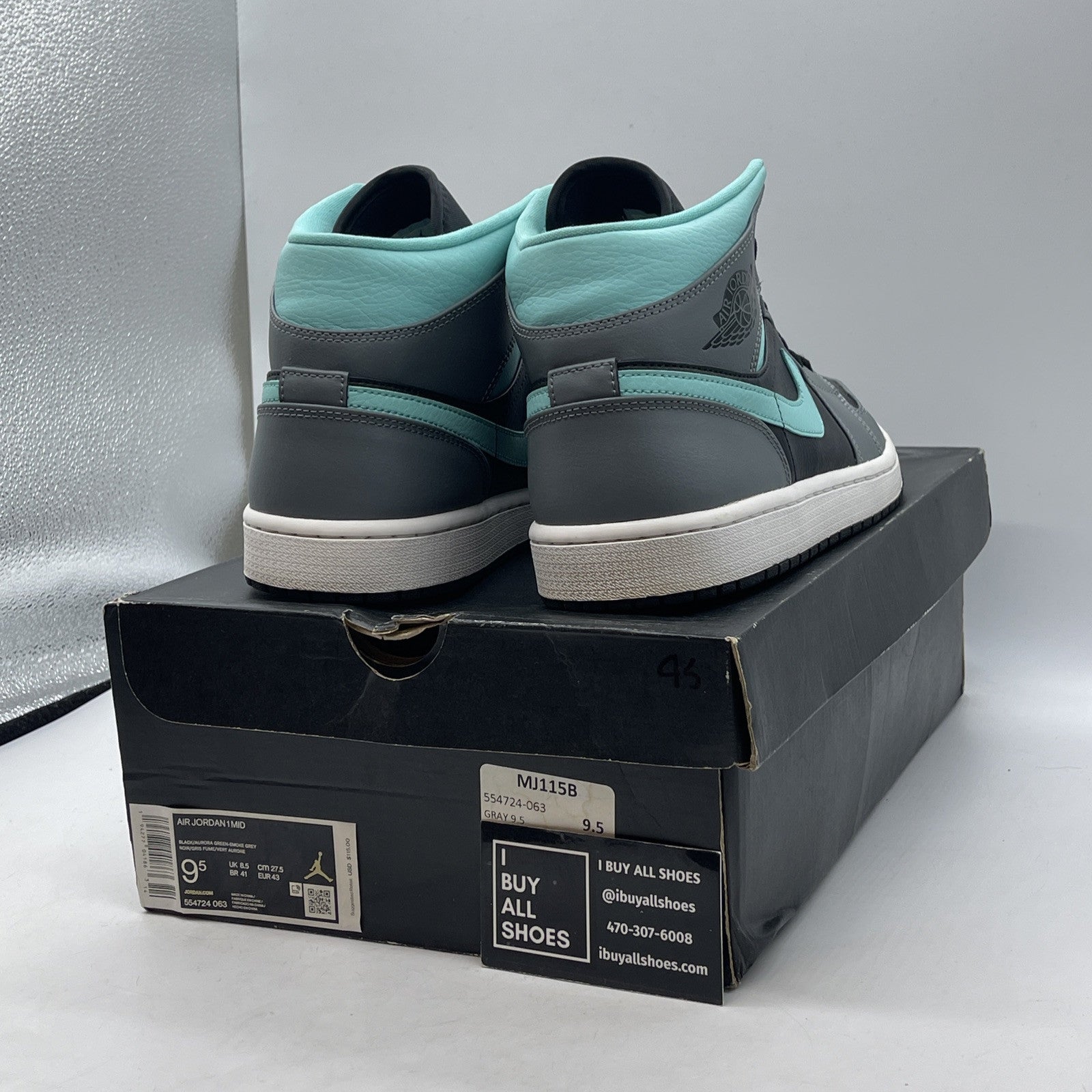 Size 9.5 - Air Jordan 1 Mid Grey Aqua Black Leather (554724-063)