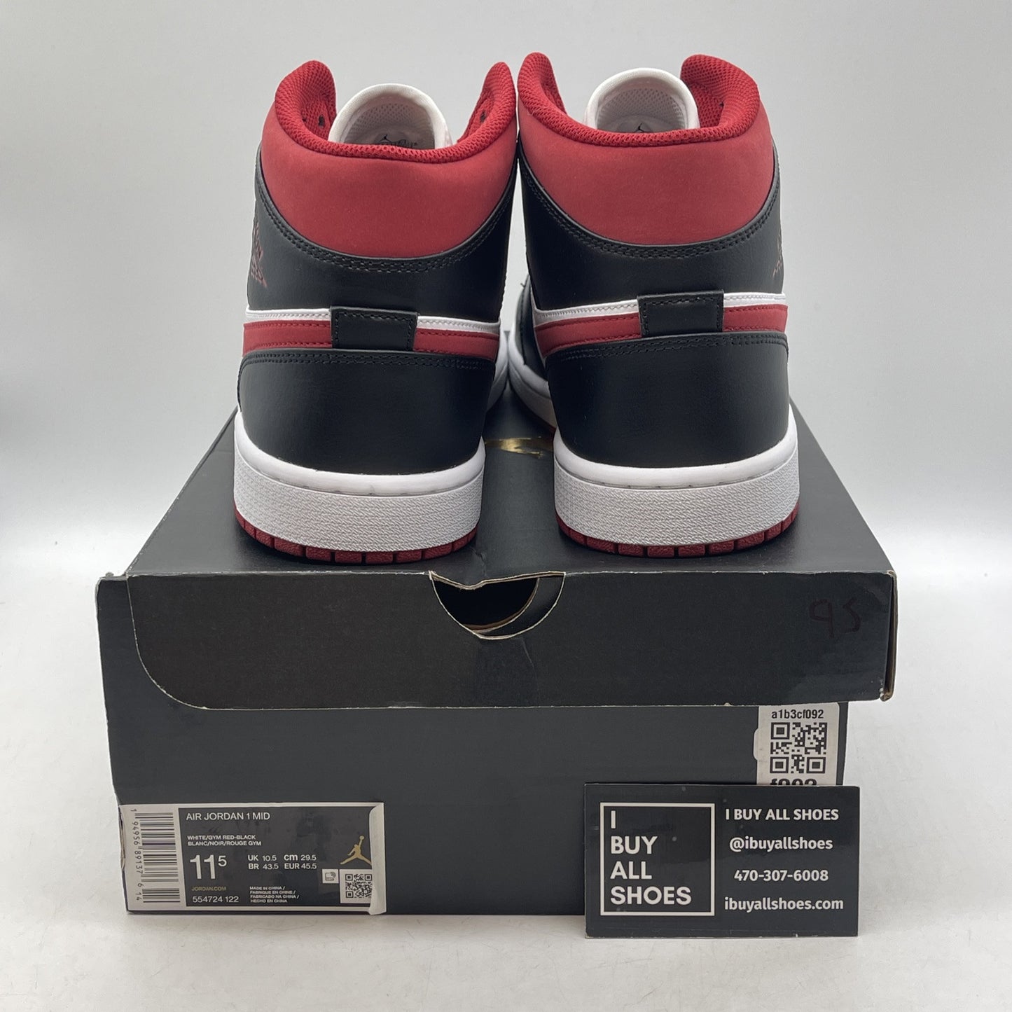 Size 11.5 - Air Jordan 1 Mid Black Gym Red White Black Leather (554724-122)