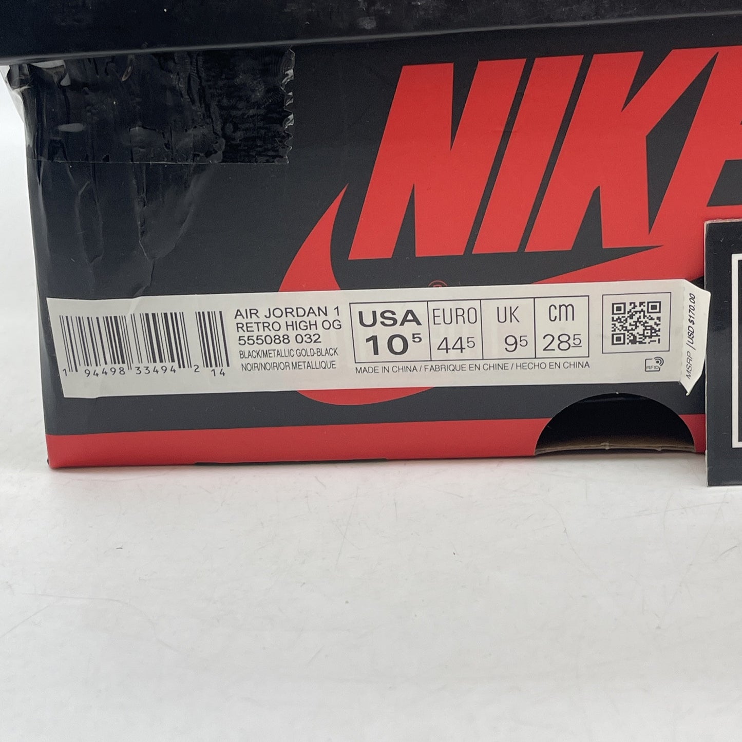 Size 10.5 - Jordan 1 Black 2020 Gold Leather (555088-032)