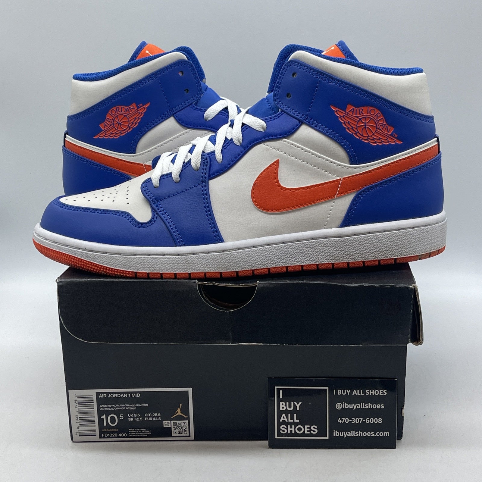 Size 10.5 - Jordan 1 Mid Knicks 2023 Blue White Orange Leather (FD1029-400)